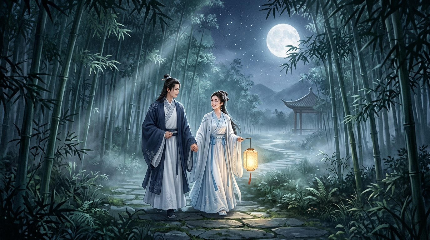 白月光全球网络专线加速器 - 白月光照射竹林·古装情侣月下漫步意境图